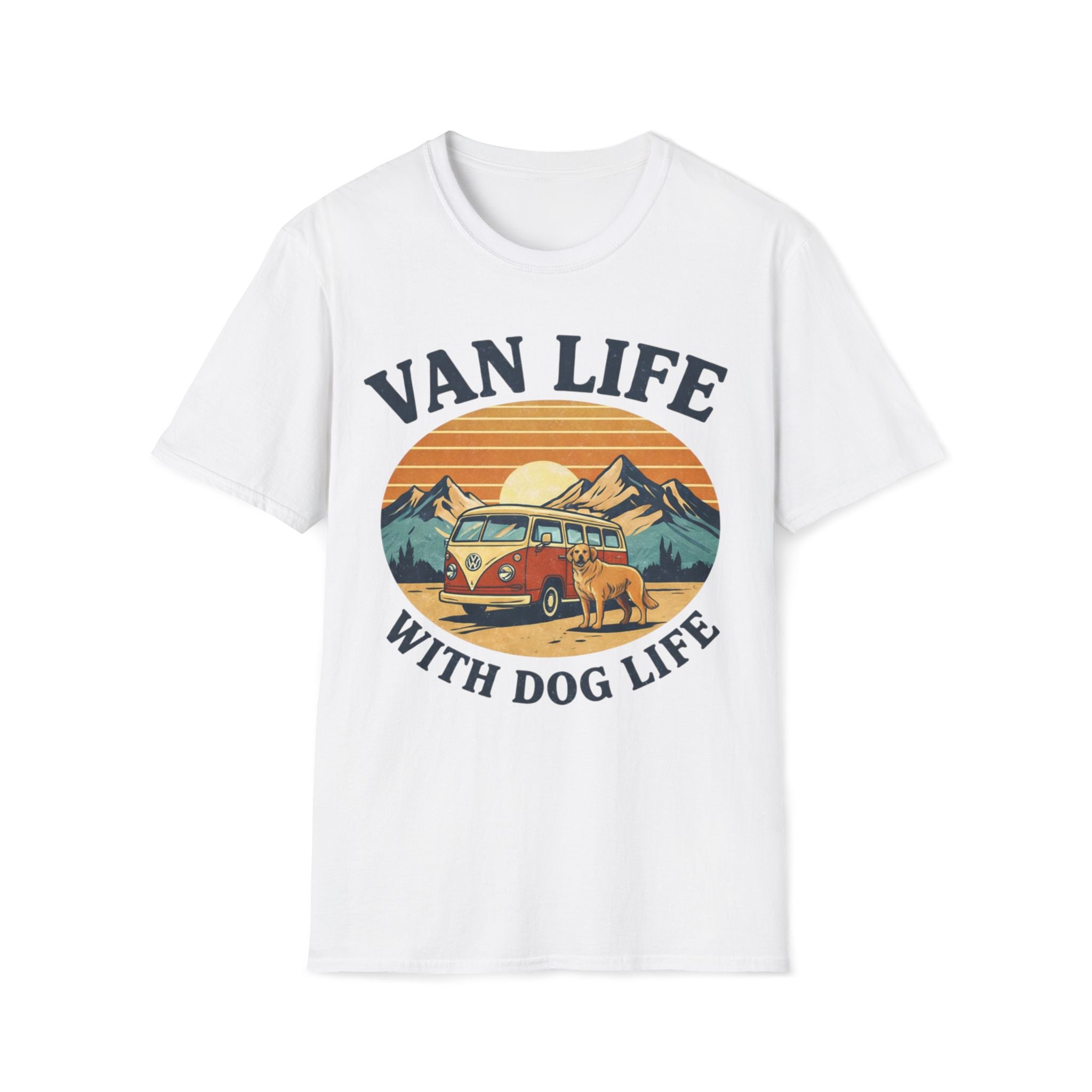 Van Life with Dog Life T-Shirt — Retro Camper & Mountain Dog Adventure Tee