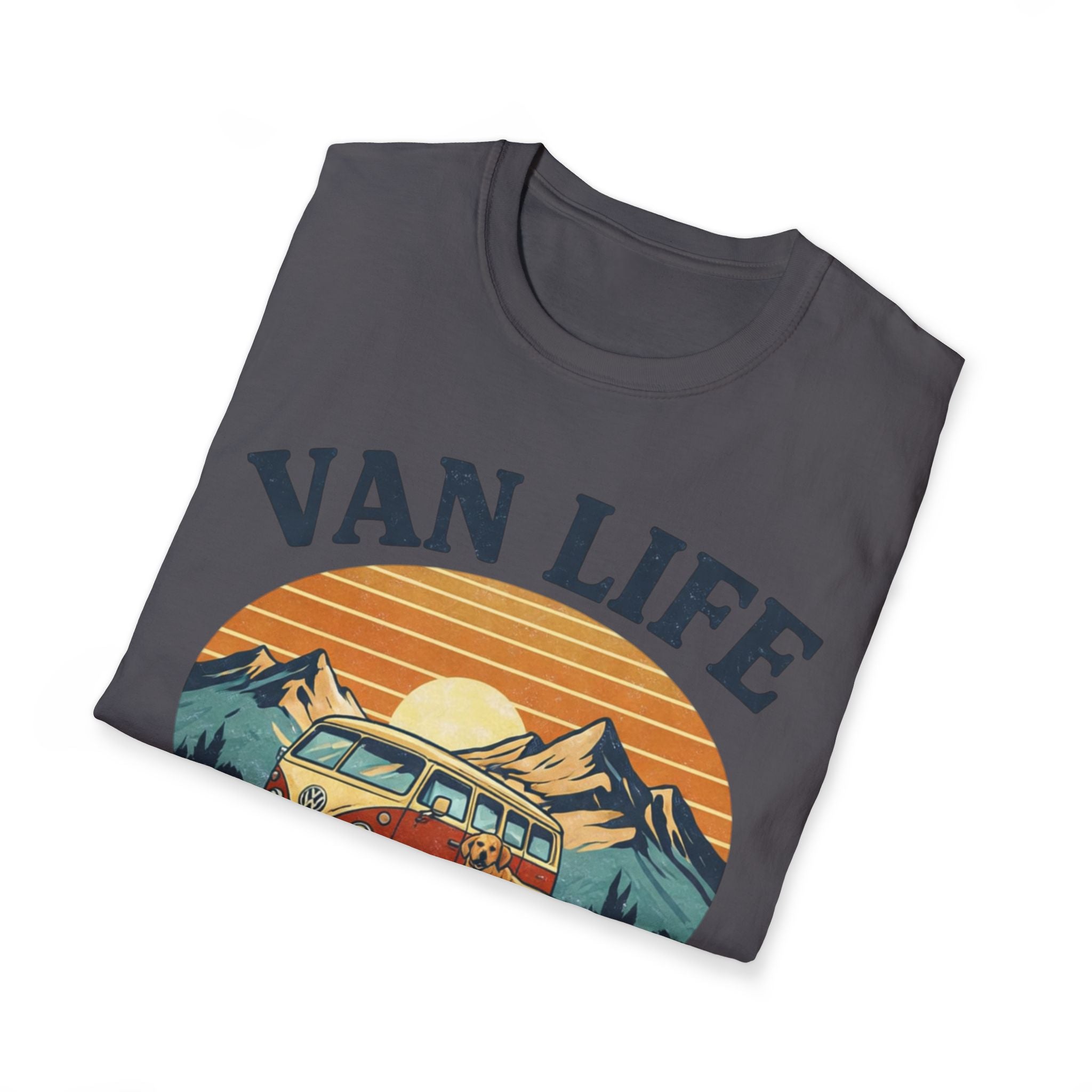 Van Life with Dog Life T-Shirt — Retro Camper & Mountain Dog Adventure Tee