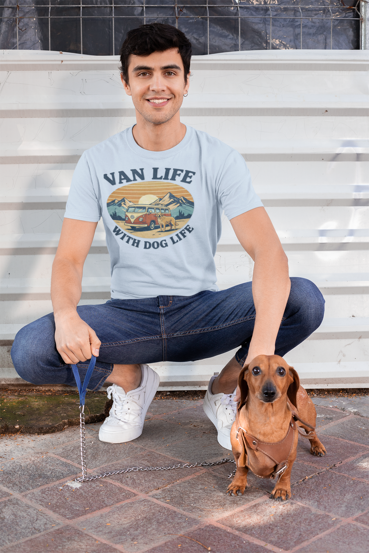 Van Life with Dog Life T-Shirt — Retro Camper & Mountain Dog Adventure Tee