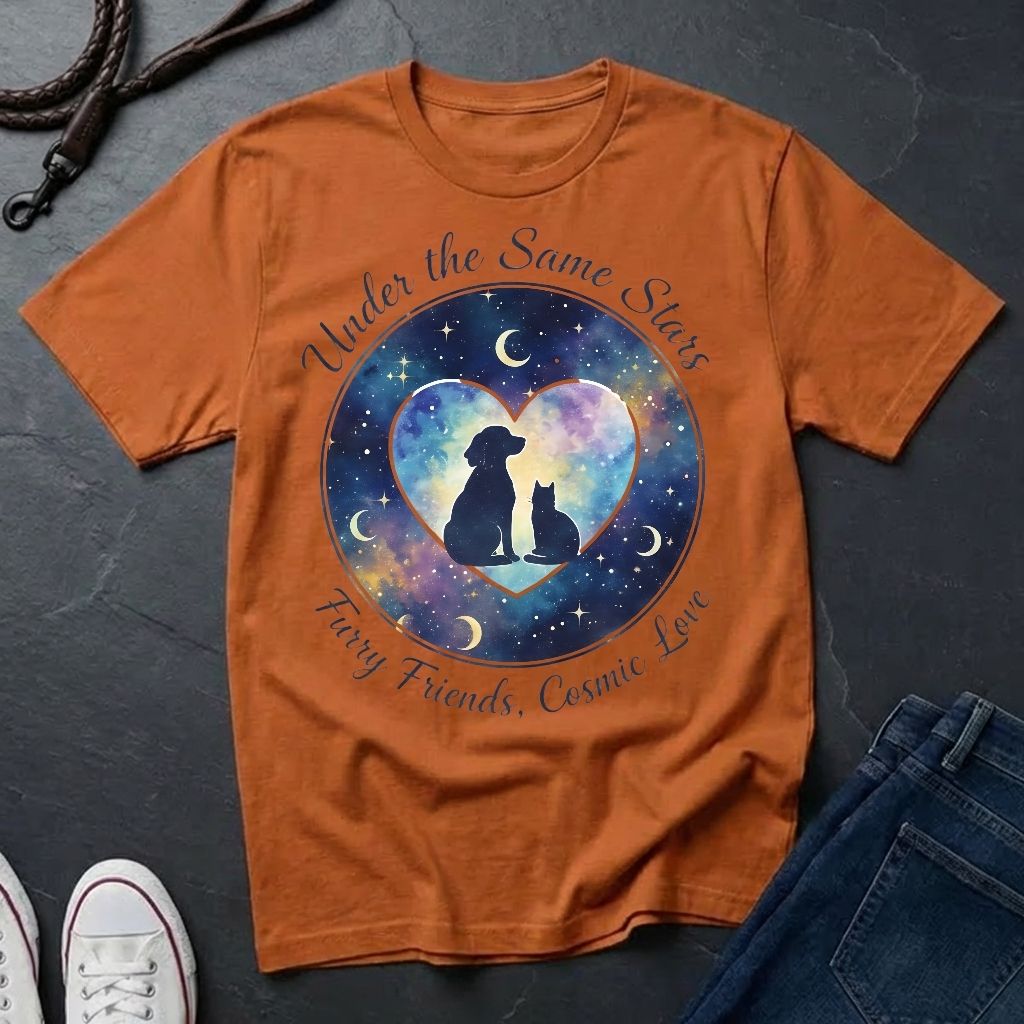 Under the Same Stars Cosmic Love Graphic Pop Art Shirt — Dog & Cat Friendship Tee