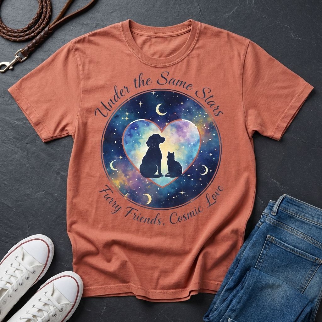 Under the Same Stars Cosmic Love Graphic Pop Art Shirt — Dog & Cat Friendship Tee