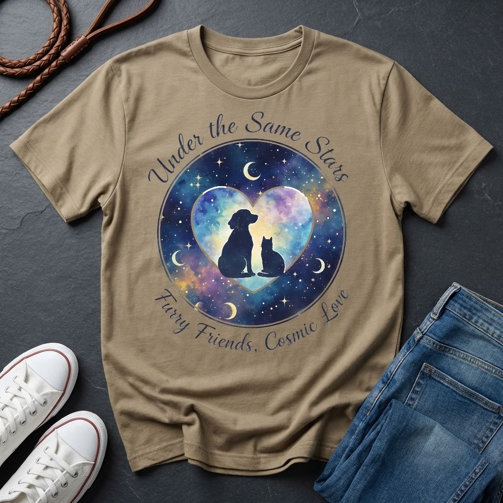 Under the Same Stars Cosmic Love Graphic Pop Art Shirt — Dog & Cat Friendship Tee