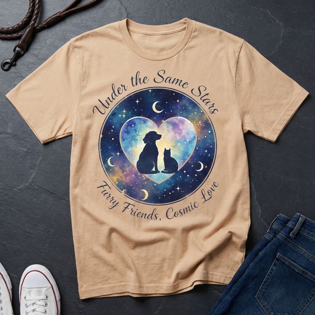Under the Same Stars Cosmic Love Graphic Pop Art Shirt — Dog & Cat Friendship Tee