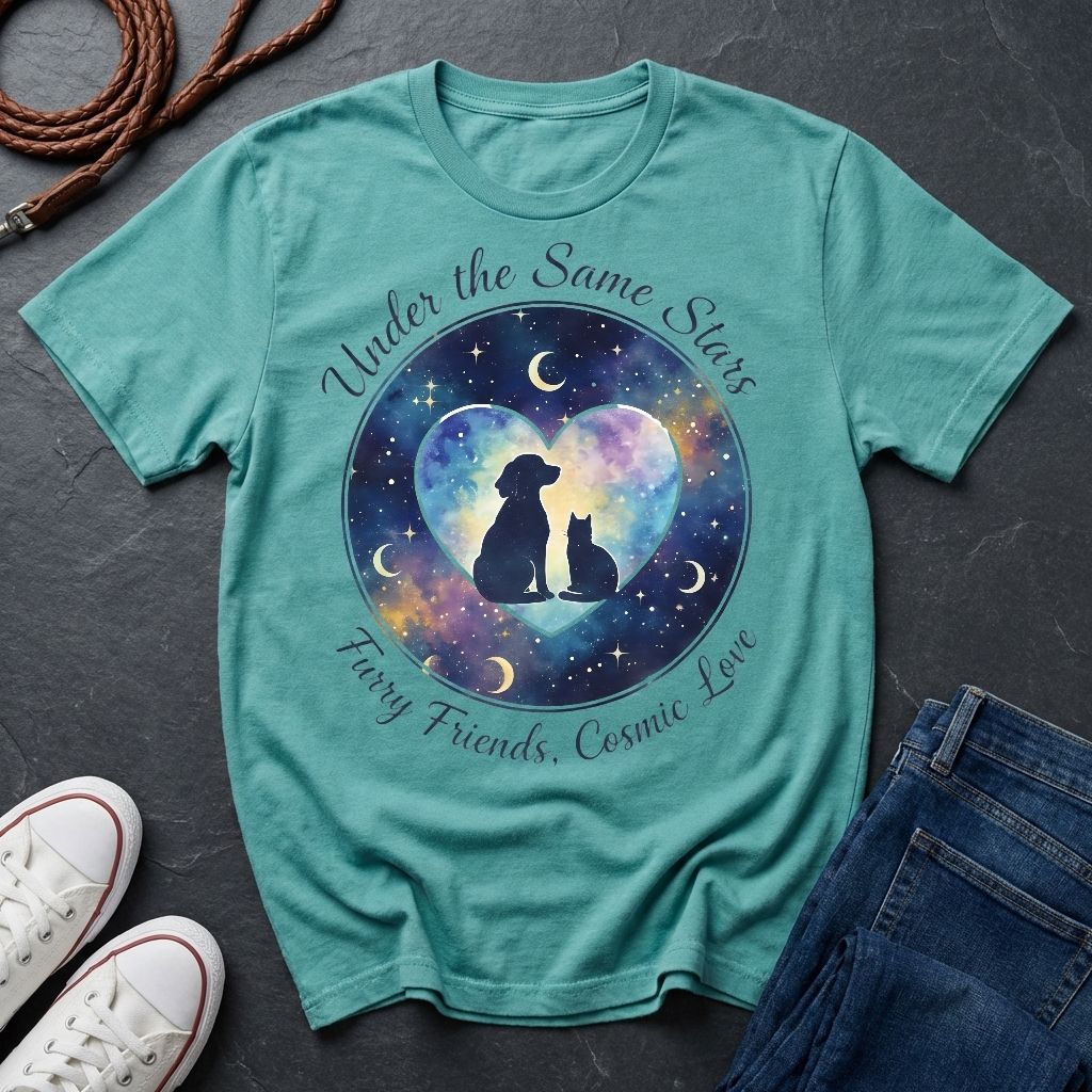 Under the Same Stars Cosmic Love Graphic Pop Art Shirt — Dog & Cat Friendship Tee