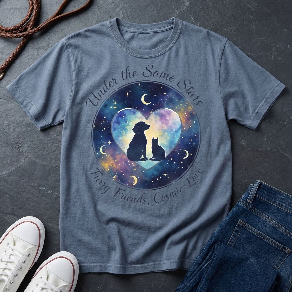 Under the Same Stars Cosmic Love Graphic Pop Art Shirt — Dog & Cat Friendship Tee