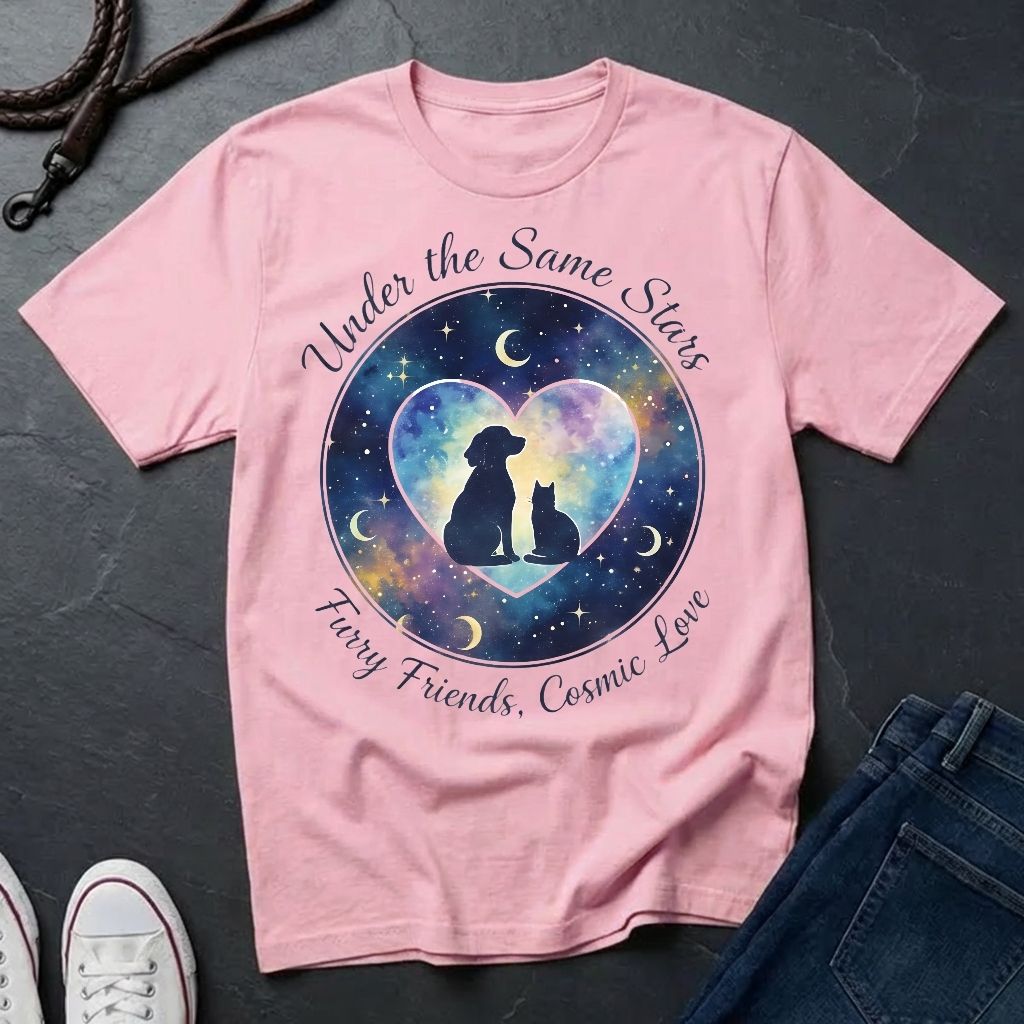 Under the Same Stars Cosmic Love Graphic Pop Art Shirt — Dog & Cat Friendship Tee