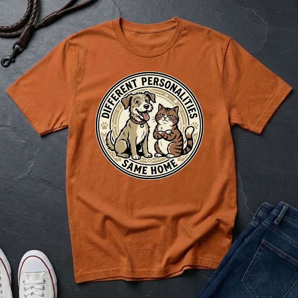 Different Personalities Same Home Graphic Pop Art Shirt — Dog & Cat Matching Tee