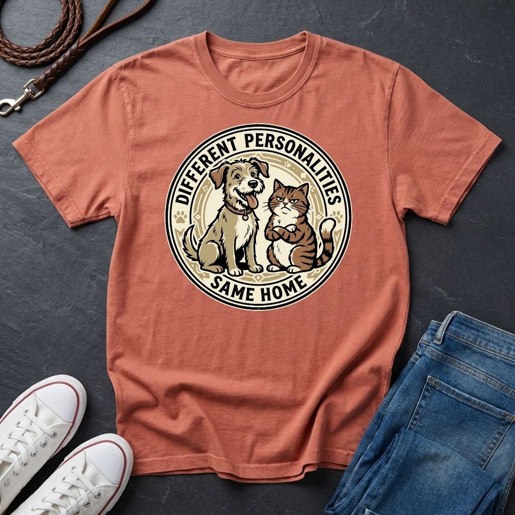 Different Personalities Same Home Graphic Pop Art Shirt — Dog & Cat Matching Tee