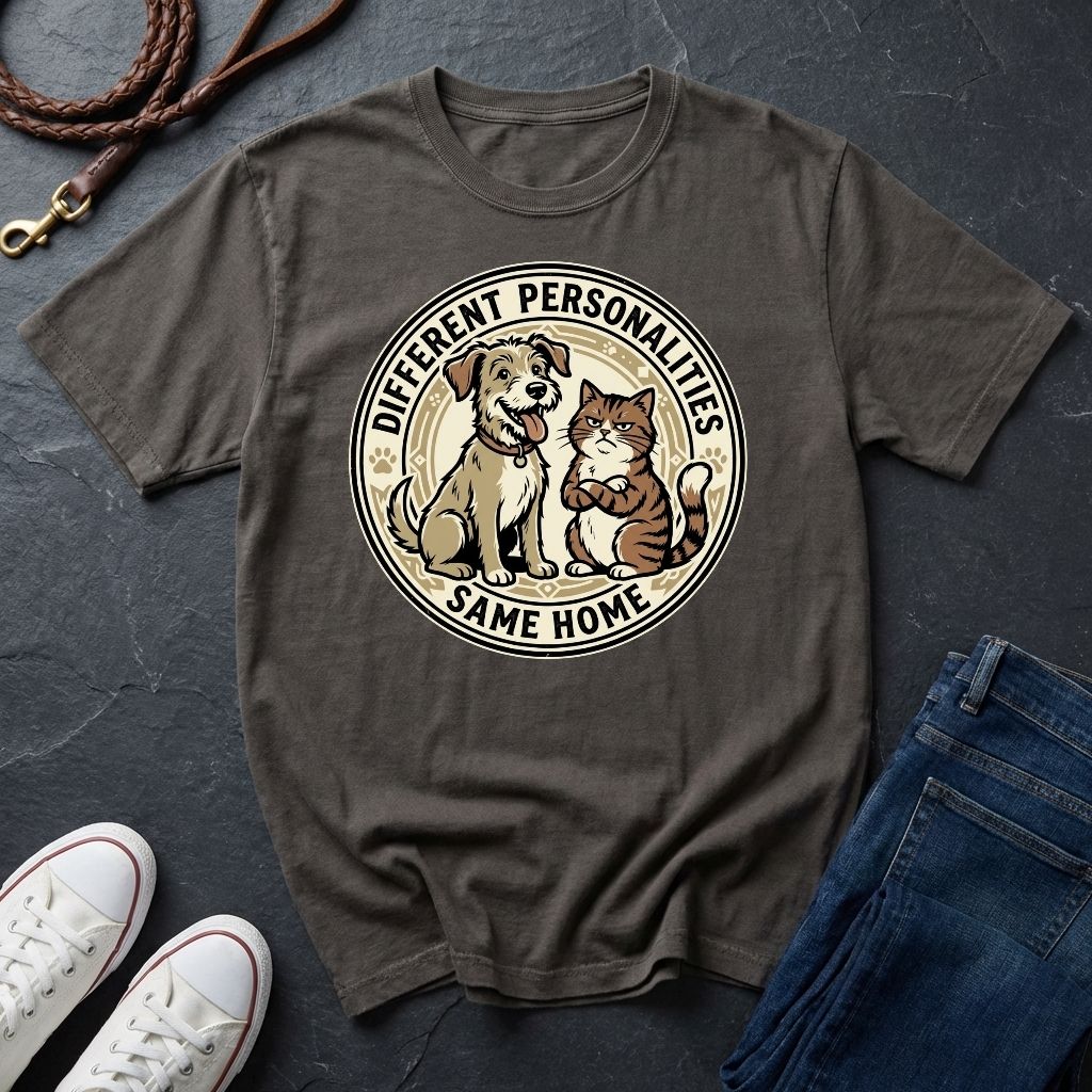 Different Personalities Same Home Graphic Pop Art Shirt — Dog & Cat Matching Tee
