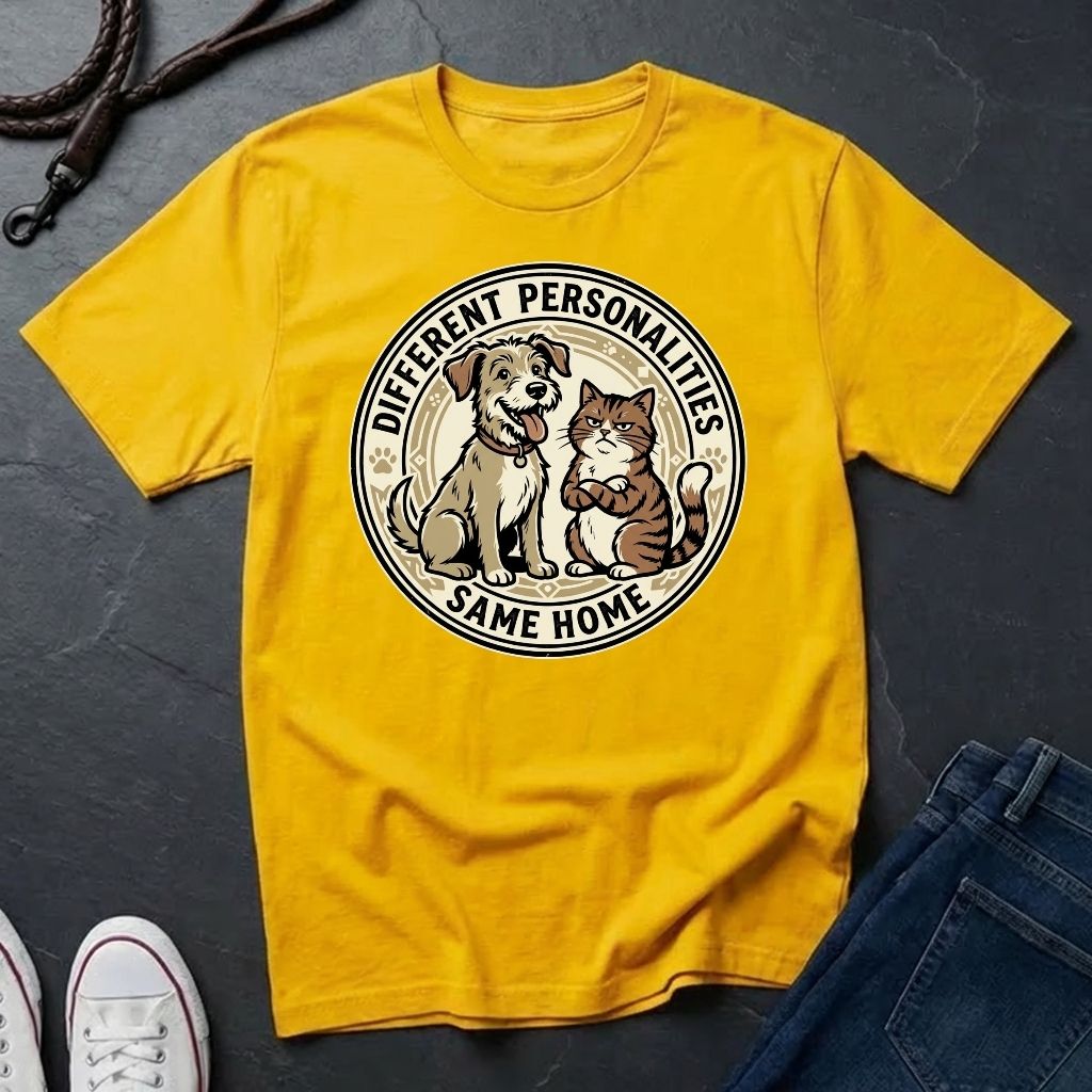Different Personalities Same Home Graphic Pop Art Shirt — Dog & Cat Matching Tee