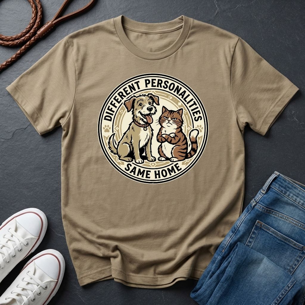 Different Personalities Same Home Graphic Pop Art Shirt — Dog & Cat Matching Tee