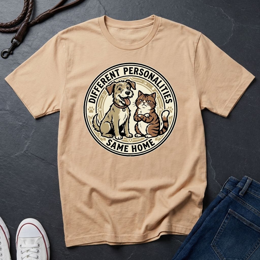 Different Personalities Same Home Graphic Pop Art Shirt — Dog & Cat Matching Tee
