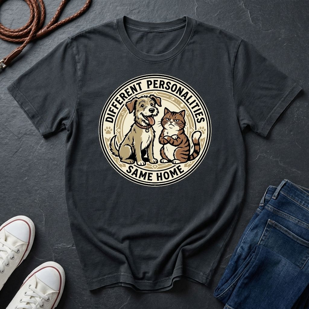 Different Personalities Same Home Graphic Pop Art Shirt — Dog & Cat Matching Tee