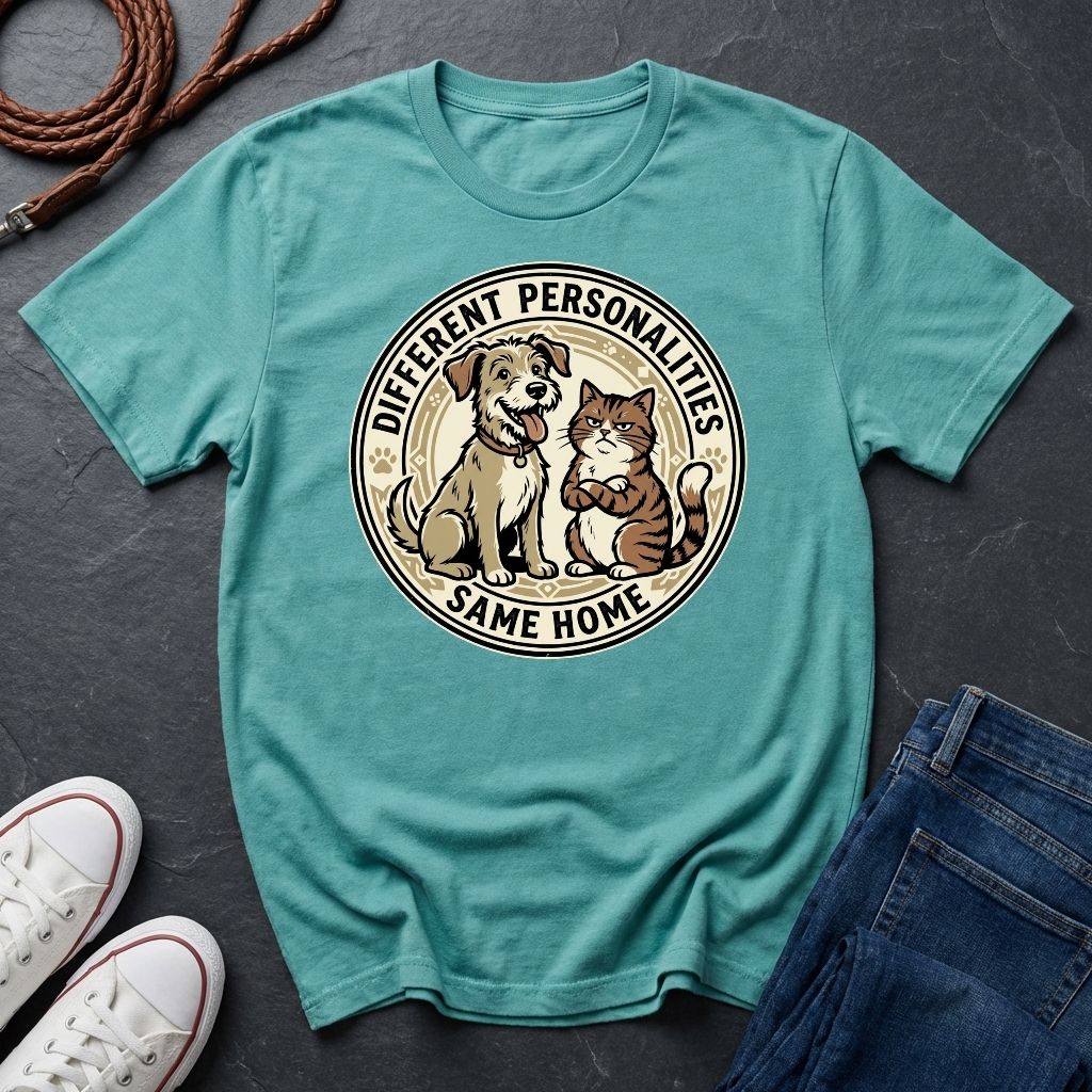 Different Personalities Same Home Graphic Pop Art Shirt — Dog & Cat Matching Tee