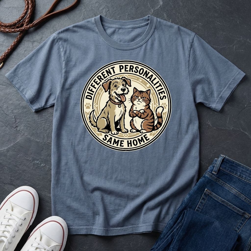 Different Personalities Same Home Graphic Pop Art Shirt — Dog & Cat Matching Tee