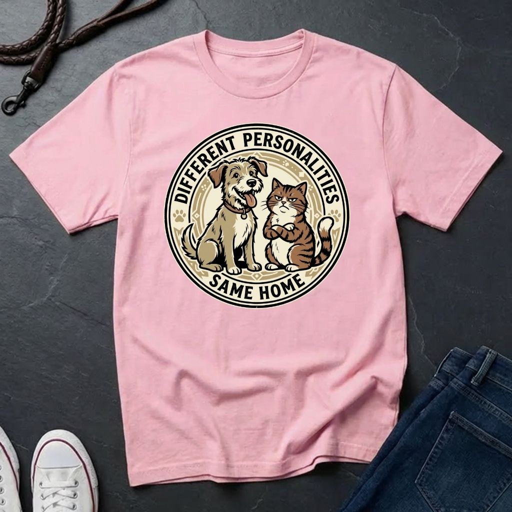 Different Personalities Same Home Graphic Pop Art Shirt — Dog & Cat Matching Tee