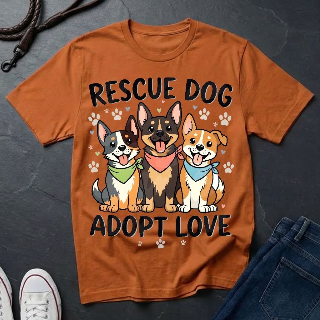Rescue Dog Adopt Love Graphic Pop Art Shirt — Three Dogs with Bandanas Tee