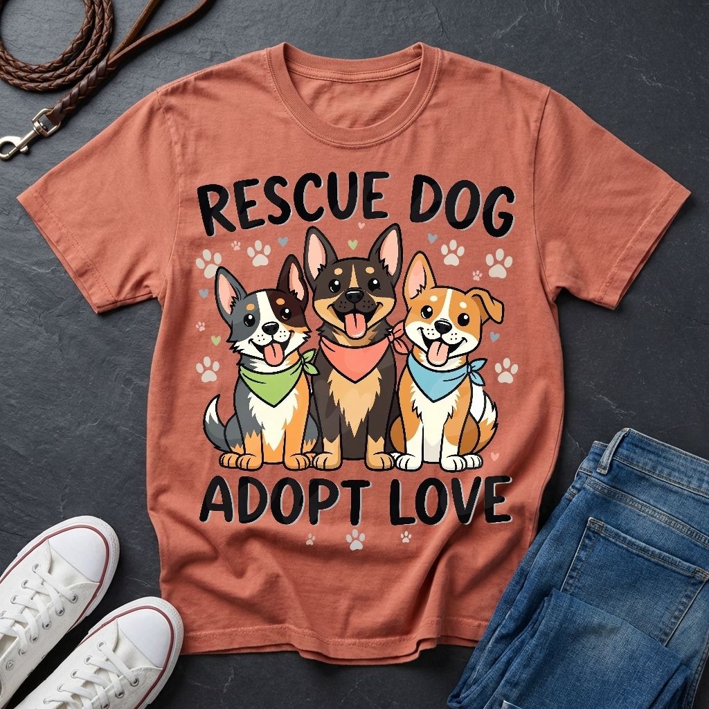 Rescue Dog Adopt Love Graphic Pop Art Shirt — Three Dogs with Bandanas Tee