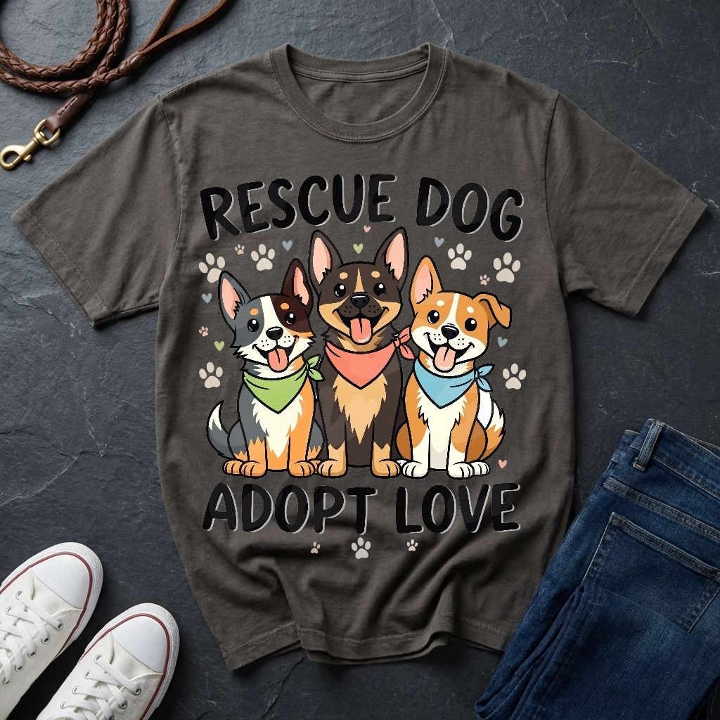 Rescue Dog Adopt Love Graphic Pop Art Shirt — Three Dogs with Bandanas Tee