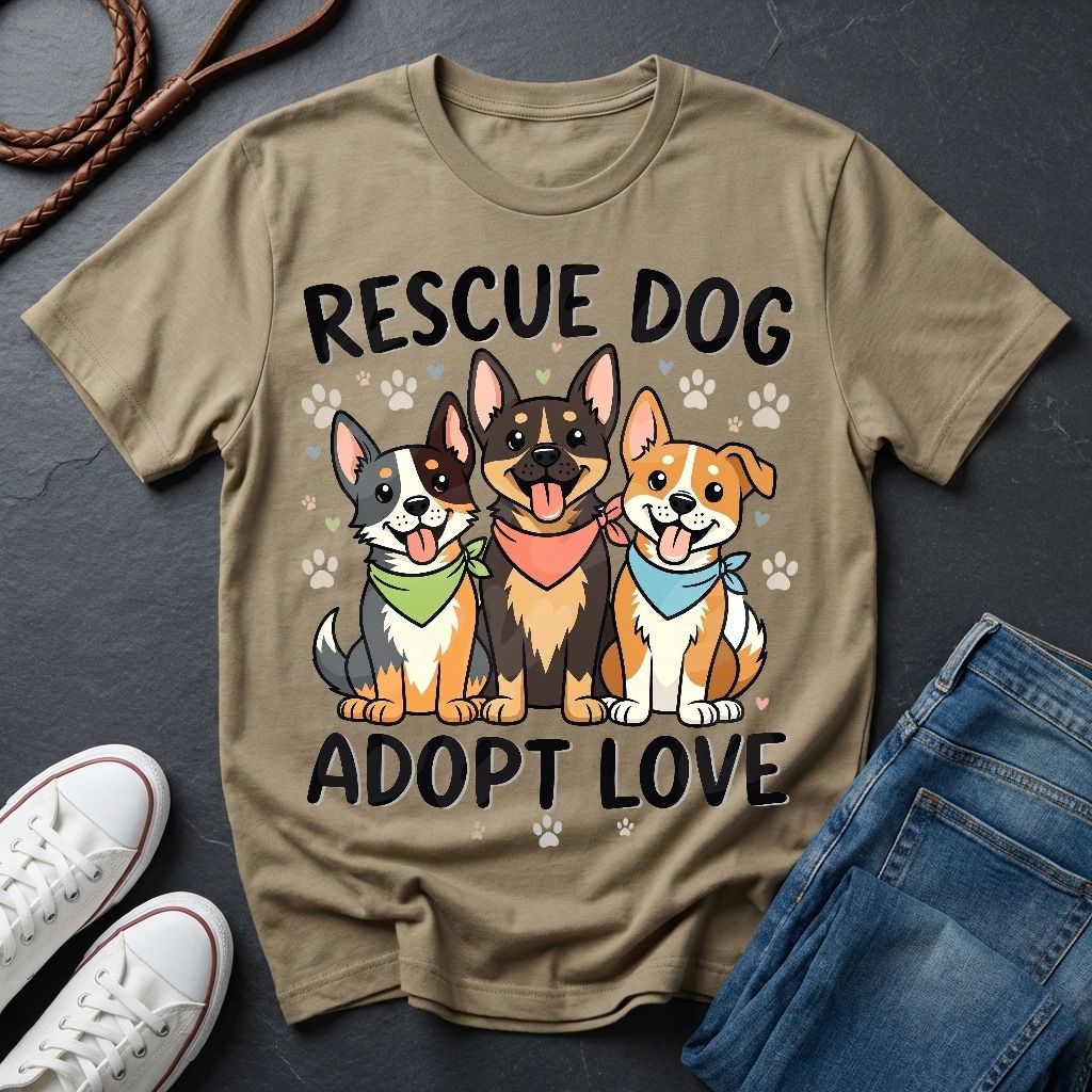 Rescue Dog Adopt Love Graphic Pop Art Shirt — Three Dogs with Bandanas Tee