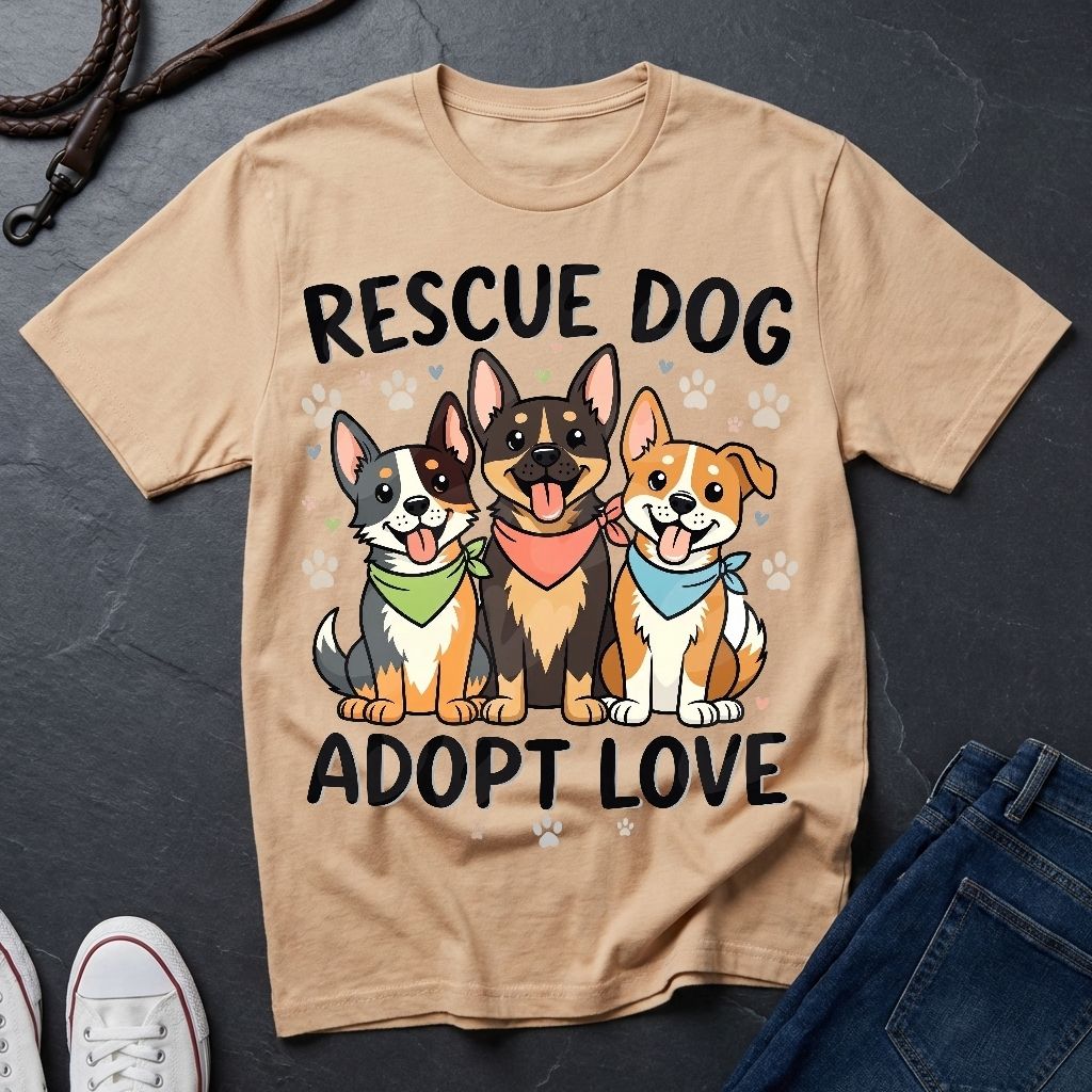 Rescue Dog Adopt Love Graphic Pop Art Shirt — Three Dogs with Bandanas Tee