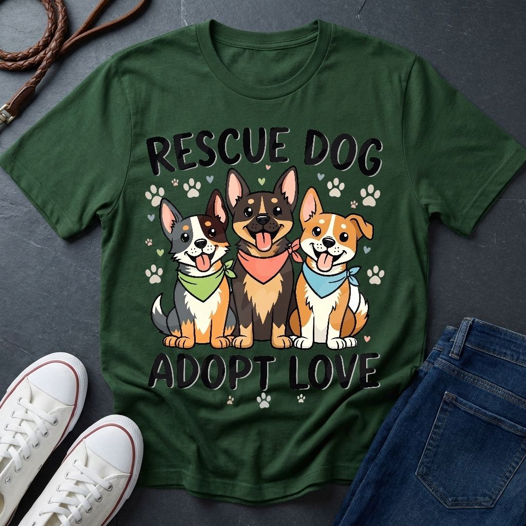 Rescue Dog Adopt Love Graphic Pop Art Shirt — Three Dogs with Bandanas Tee