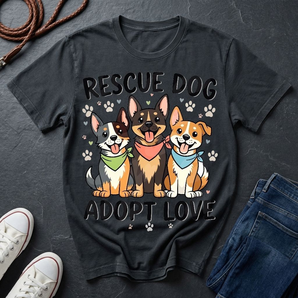 Rescue Dog Adopt Love Graphic Pop Art Shirt — Three Dogs with Bandanas Tee