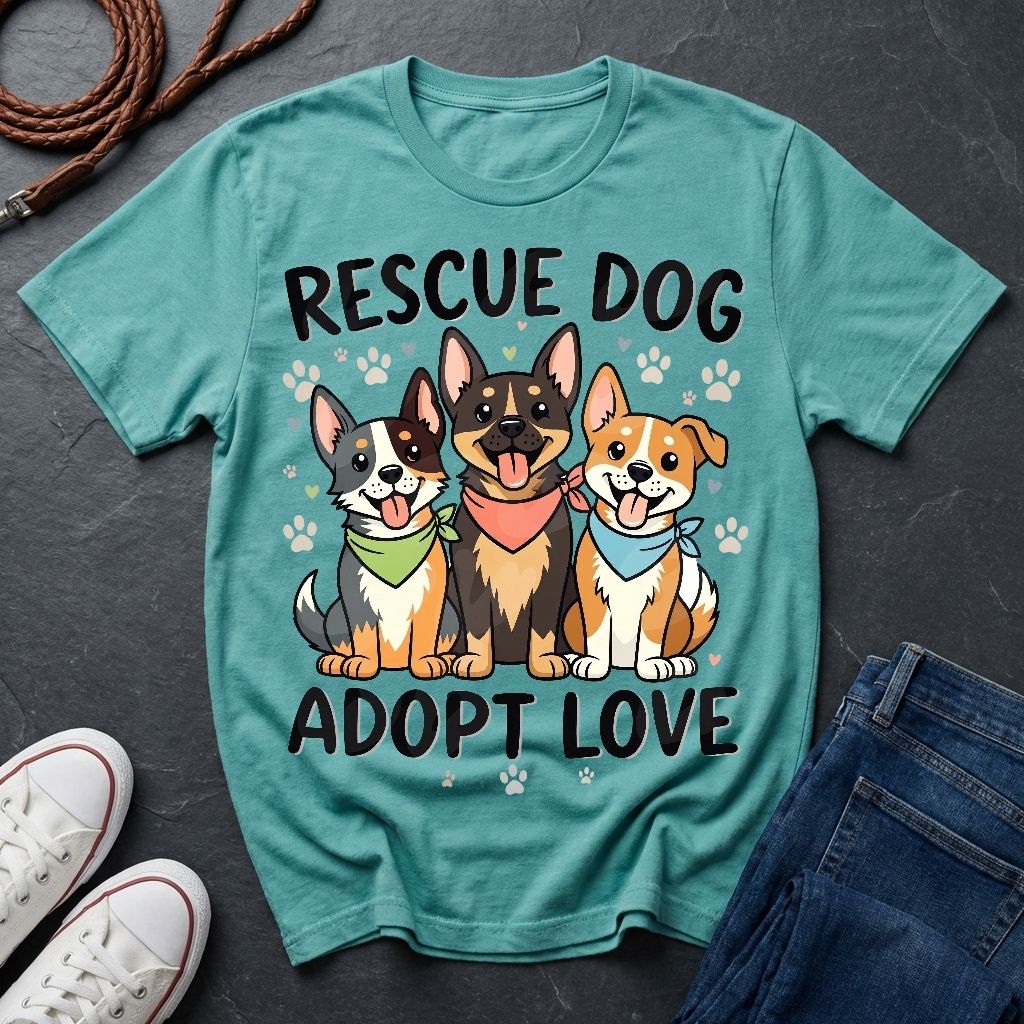 Rescue Dog Adopt Love Graphic Pop Art Shirt — Three Dogs with Bandanas Tee