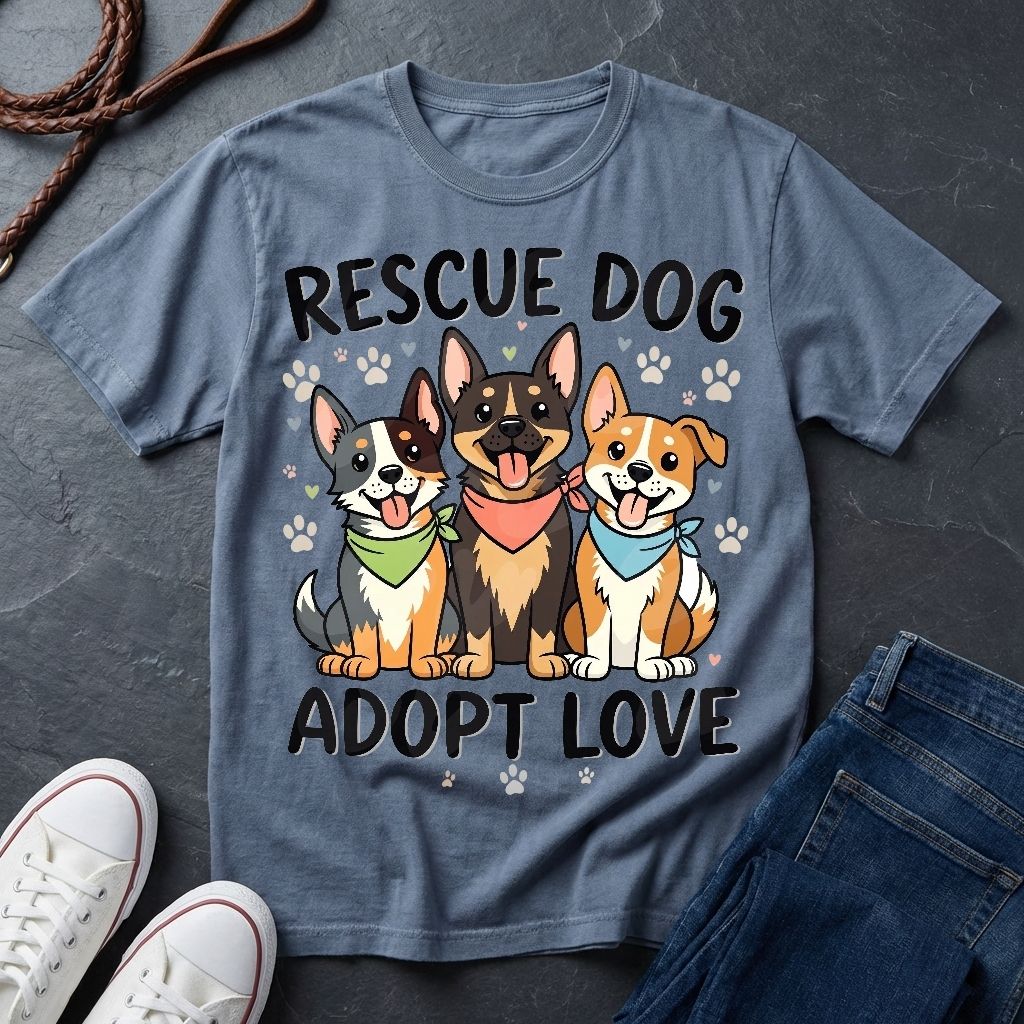 Rescue Dog Adopt Love Graphic Pop Art Shirt — Three Dogs with Bandanas Tee