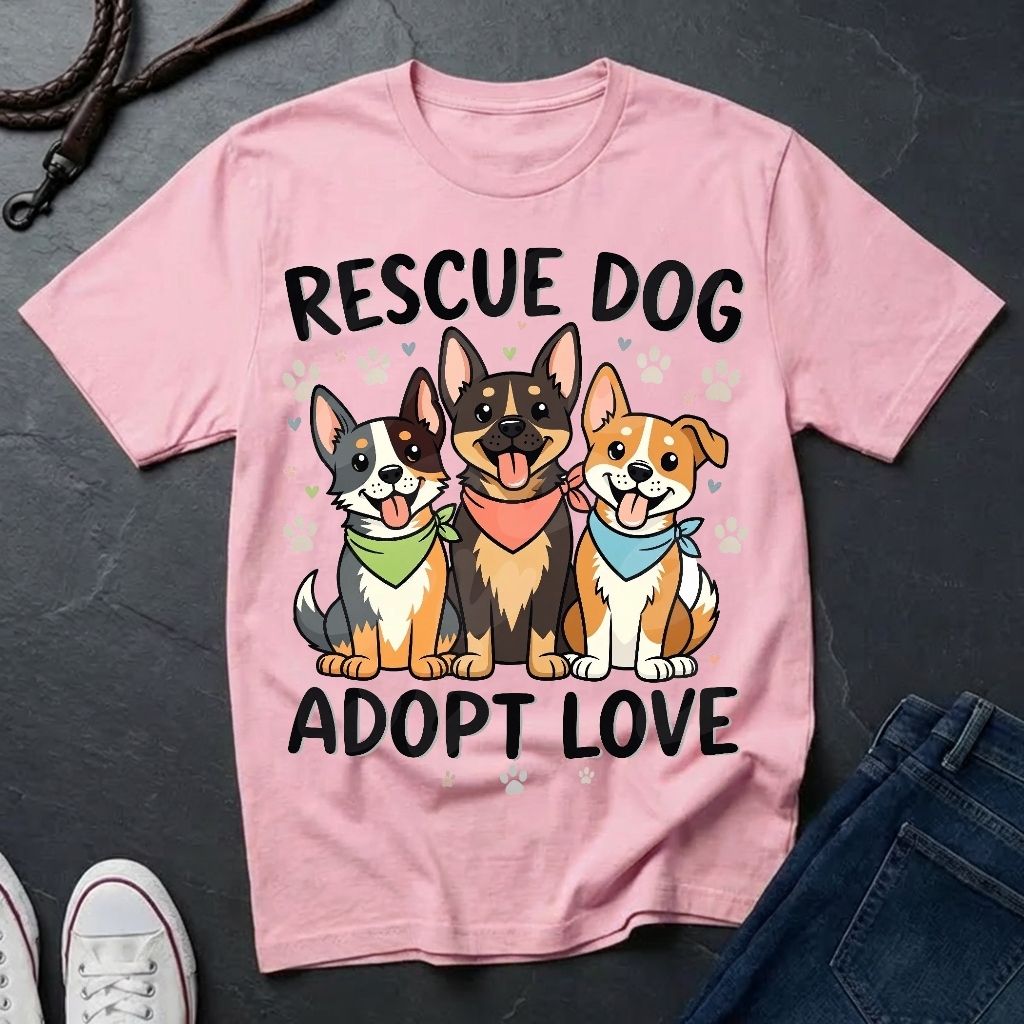 Rescue Dog Adopt Love Graphic Pop Art Shirt — Three Dogs with Bandanas Tee