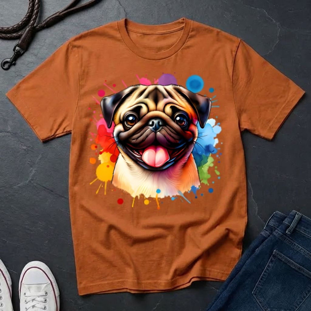 Pug Portrait Watercolor T-Shirt — Colorful Dog Graphic Tee