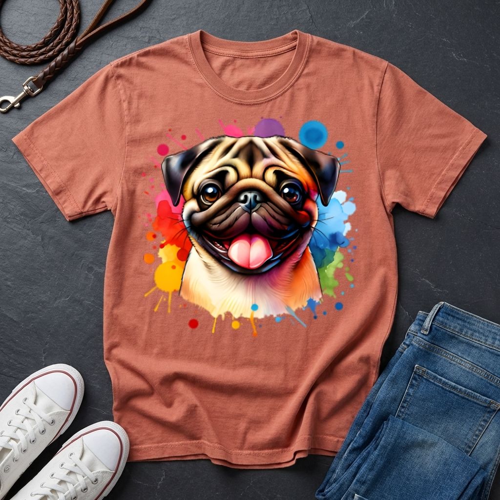 Pug Portrait Watercolor T-Shirt — Colorful Dog Graphic Tee