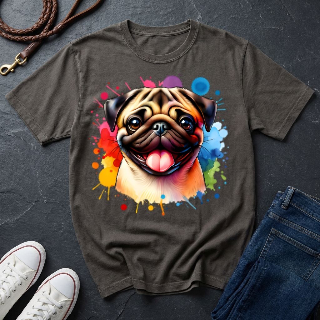 Pug Portrait Watercolor T-Shirt — Colorful Dog Graphic Tee