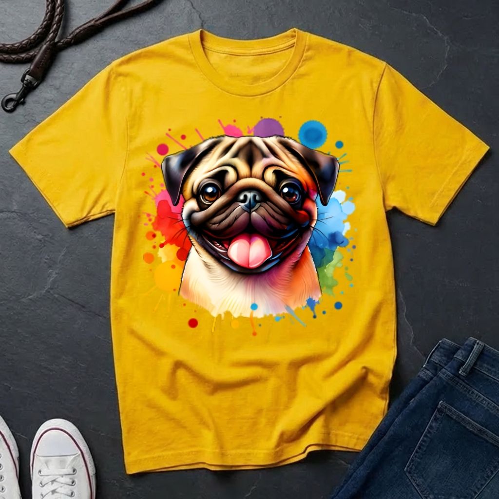 Pug Portrait Watercolor T-Shirt — Colorful Dog Graphic Tee