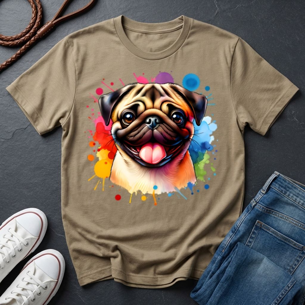 Pug Portrait Watercolor T-Shirt — Colorful Dog Graphic Tee