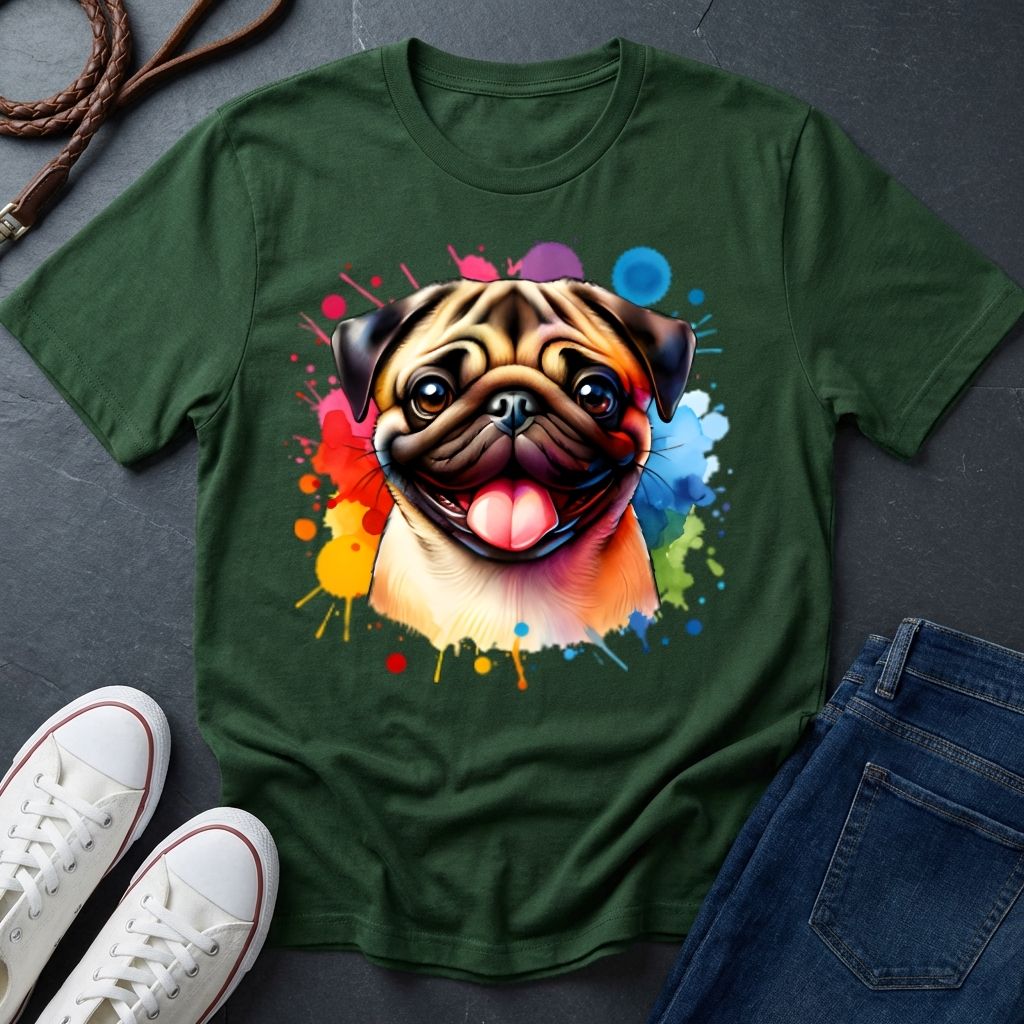 Pug Portrait Watercolor T-Shirt — Colorful Dog Graphic Tee