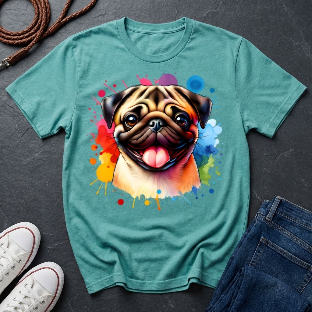 Pug Portrait Watercolor T-Shirt — Colorful Dog Graphic Tee