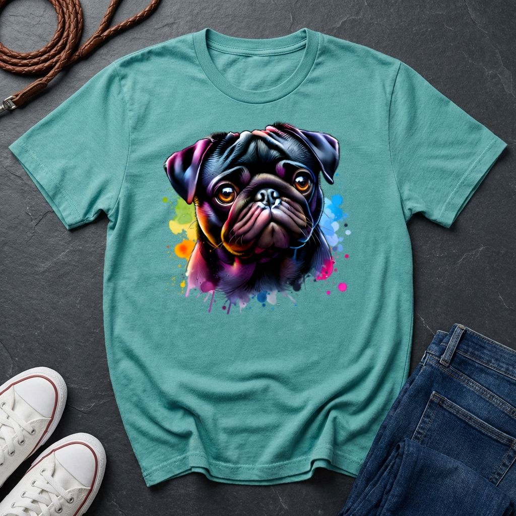 Pug Portrait T-Shirt — Colorful Watercolor Pug Tee