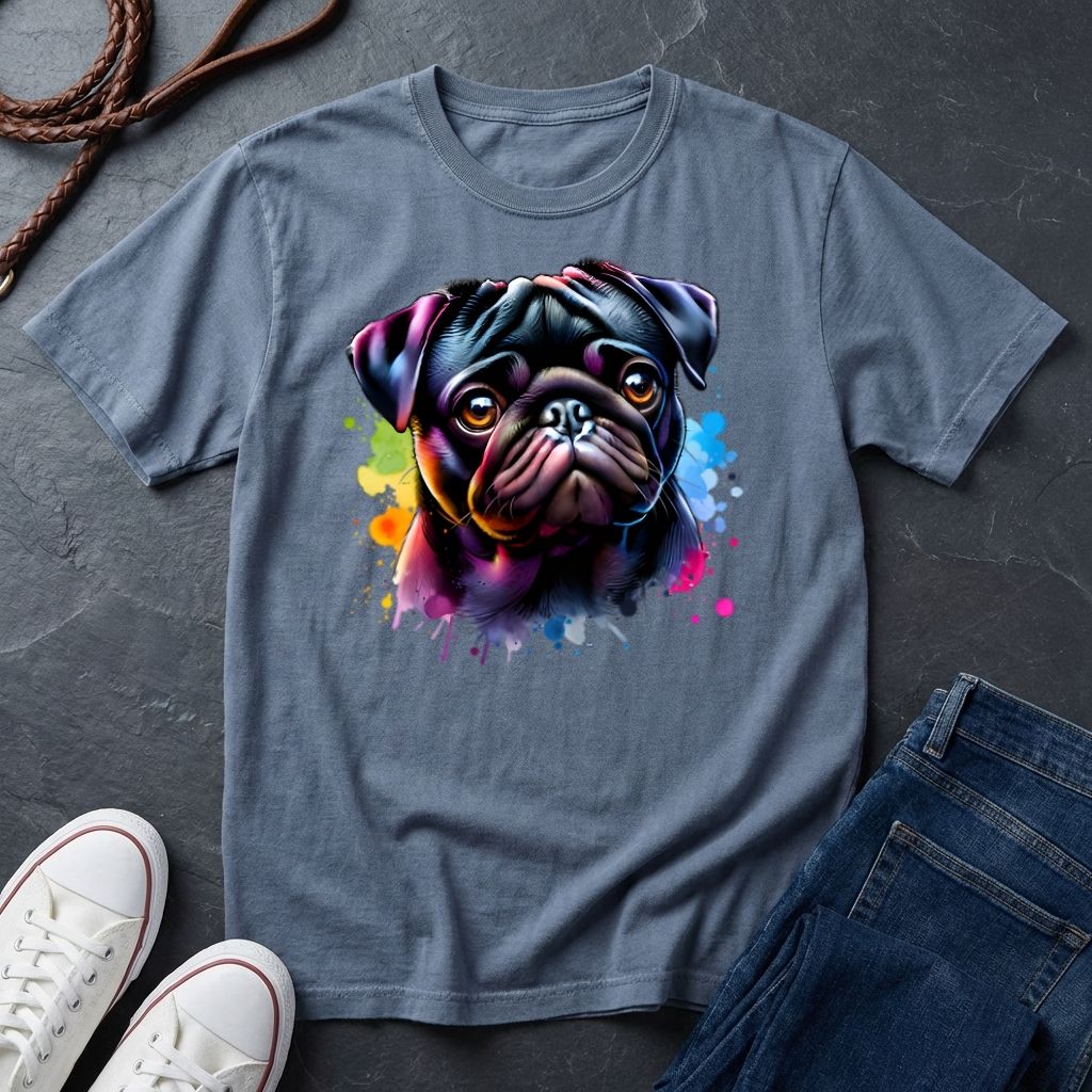 Pug Portrait T-Shirt — Colorful Watercolor Pug Tee