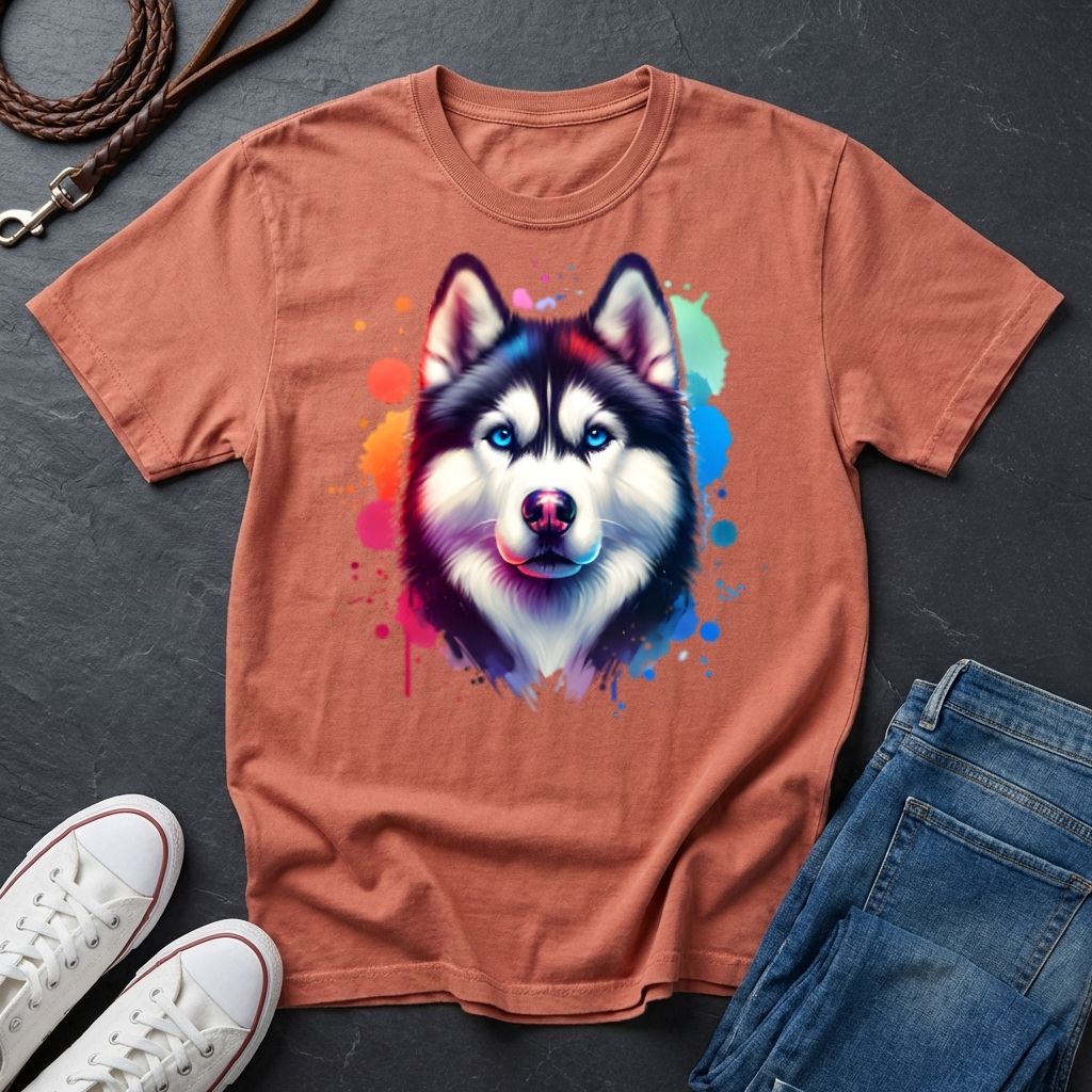 Siberian Husky Graphic Pop Art Shirt — Colorful Watercolor Splash Dog Tee