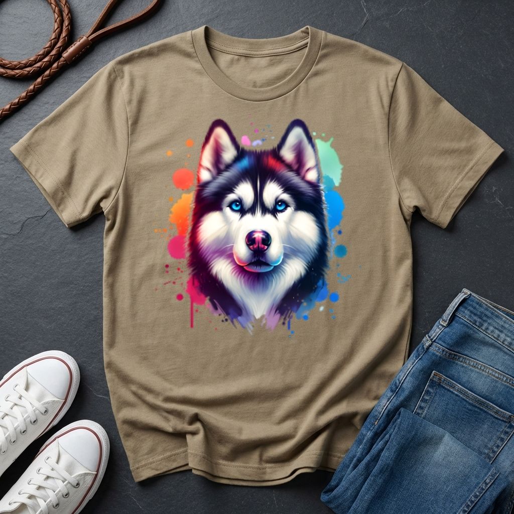 Siberian Husky Graphic Pop Art Shirt — Colorful Watercolor Splash Dog Tee