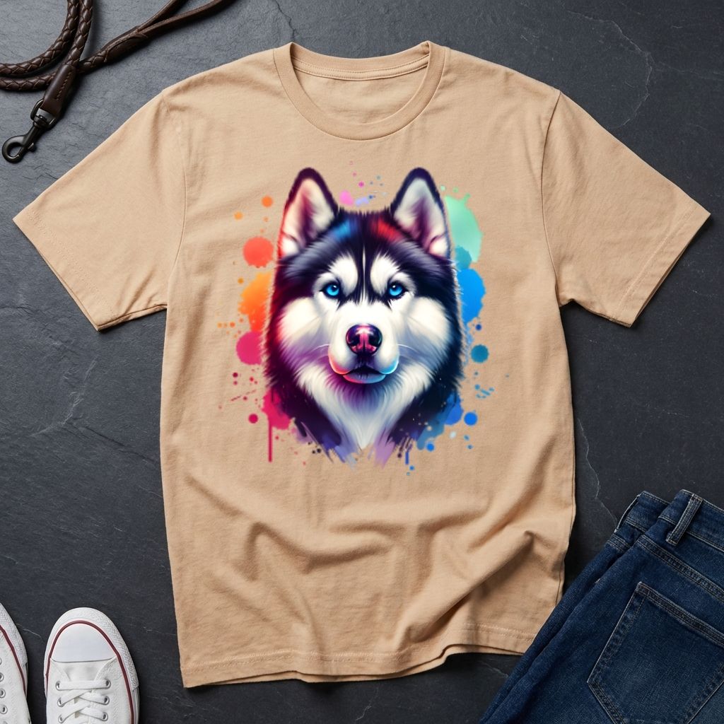 Siberian Husky Graphic Pop Art Shirt — Colorful Watercolor Splash Dog Tee