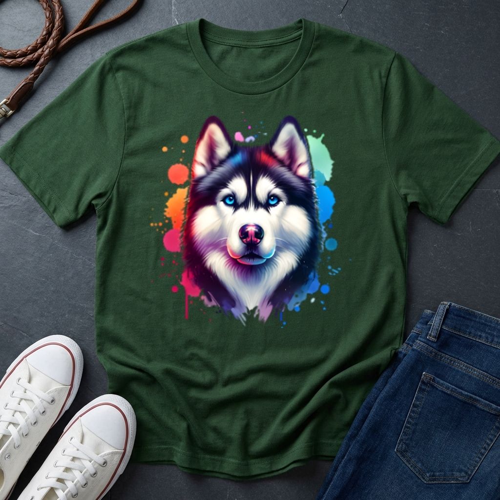 Siberian Husky Graphic Pop Art Shirt — Colorful Watercolor Splash Dog Tee