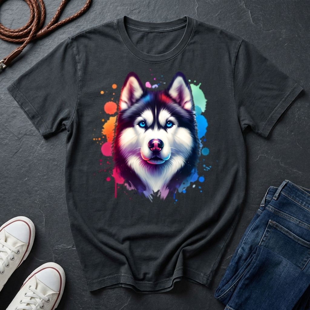 Siberian Husky Graphic Pop Art Shirt — Colorful Watercolor Splash Dog Tee