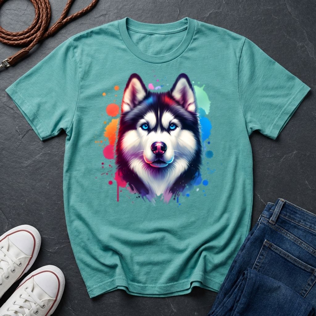 Siberian Husky Graphic Pop Art Shirt — Colorful Watercolor Splash Dog Tee
