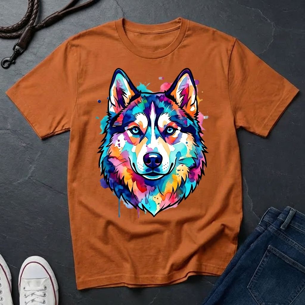Siberian Husky Graphic Pop Art Shirt — Vibrant Neon Wolf Head Tee