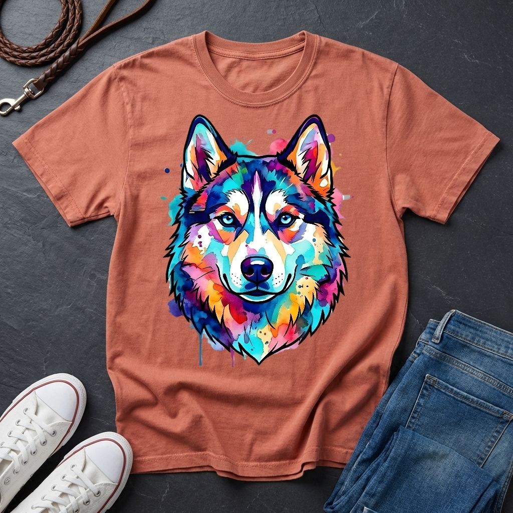 Siberian Husky Graphic Pop Art Shirt — Vibrant Neon Wolf Head Tee