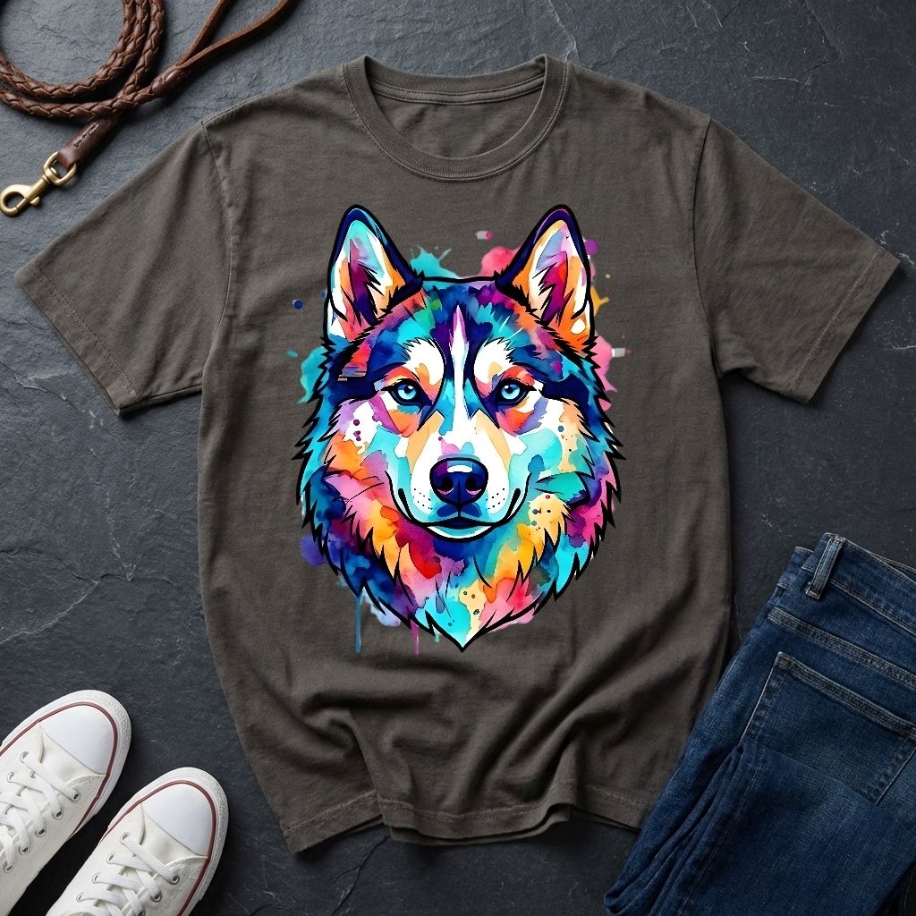 Siberian Husky Graphic Pop Art Shirt — Vibrant Neon Wolf Head Tee
