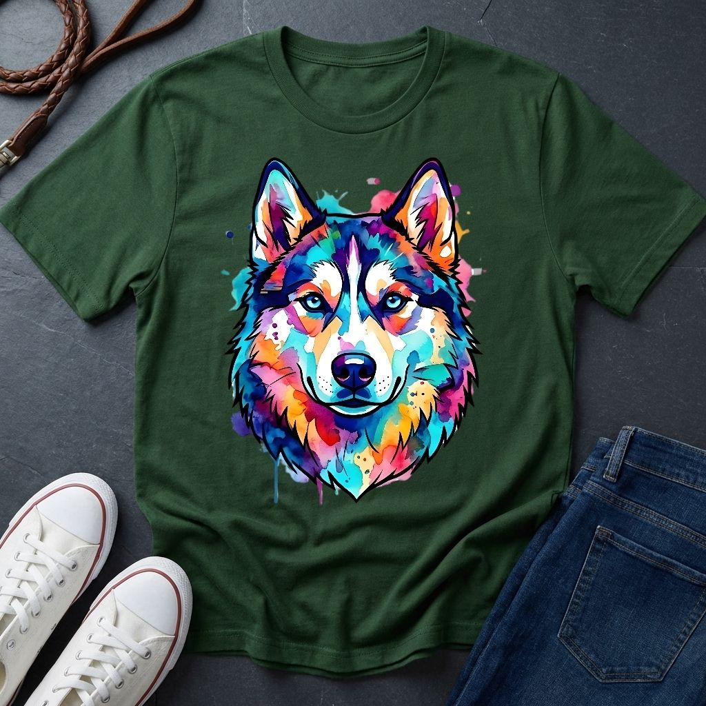 Siberian Husky Graphic Pop Art Shirt — Vibrant Neon Wolf Head Tee