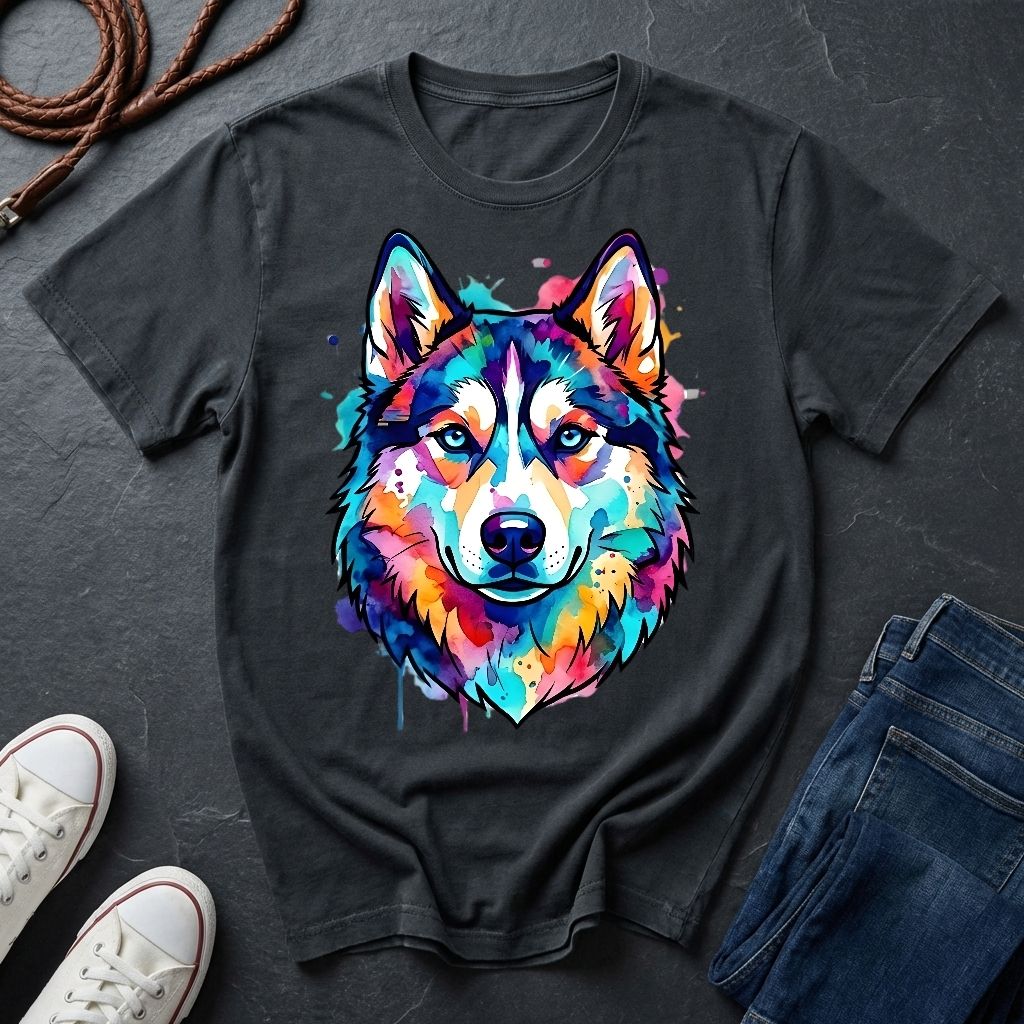 Siberian Husky Graphic Pop Art Shirt — Vibrant Neon Wolf Head Tee